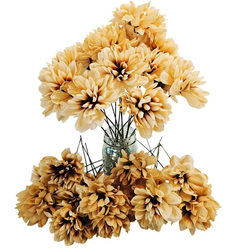 28 Pc Beige Artificial Silk Mum Flower Stems Chrysanthemum Floral Craft  Lot DIY